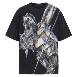 Black Short Sleeve Graphic Tee with Metallic Robot Print